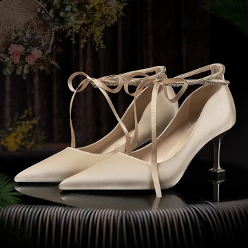 Elegante Champagne Bruidsschoenen 2020 Satijn Rhinestone Strik 7 Cm Naaldhakken Stiletto Spitse Neus Huwelijk Pumps