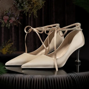 Elegante Champagner Brautschuhe 2020 Satin Strass Schleife 7 Cm Stilettos Spitzschuh Hochzeit Pumps