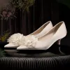 Elegant Champagne Wedding Shoes 2020 Satin Appliques 3 cm Stiletto Heels Low Heel Pointed Toe Wedding Pumps