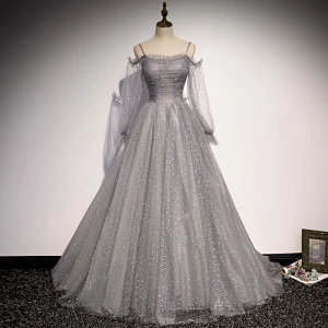 Élégant Gris Paillettes Glitter Robe De Bal Robe De Soirée 2021 Princesse Bretelles Spaghetti Manches Longues Dos Nu Train De Balayage Robe De Ceremonie