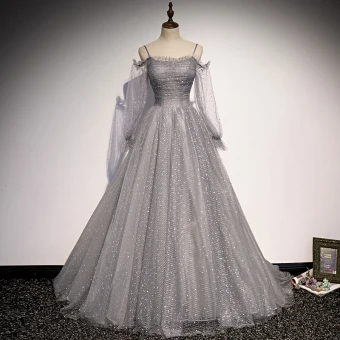 Elegant Grey Sequins Glitter Prom Dresses Evening Dresses 2021 A Line Princess Spaghetti Straps Long Sleeve Backless Sweep Train Formal Dresses