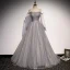 Élégant Gris Paillettes Glitter Robe De Bal Robe De Soirée 2021 Princesse Bretelles Spaghetti Manches Longues Dos Nu Train De Balayage Robe De Ceremonie