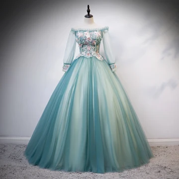 Flower Fairy Jade Green Fairytale Prom Dresses 2020 Ball Gown Off The Shoulder Pearl Rhinestone Lace Flower Appliques 3 4 Sleeve Backless Floor Length Long Formal Dresses