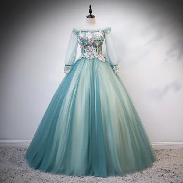 Flower Fairy Jade Green Fairytale Prom Dresses 2020 Ball Gown Off-The-Shoulder Pearl Rhinestone Lace Flower Appliques 3/4 Sleeve Backless Floor-Length / Long Formal Dresses
