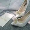 Charming Ivory Wedding Shoes 2020 Leather Handmade  Rhinestone Pearl Sequins Lace Flower 10 cm Stiletto Heels Pointed Toe Wedding Pumps