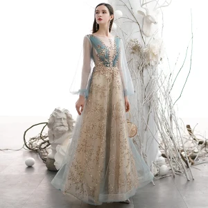 Élégant Champagne En Dentelle Fleur Paillettes Robe De Bal 2021 Princesse Encolure Dégagée Manches Longues Dos Nu Longue Robe De Ceremonie