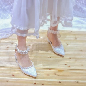 Chic Belle Ivoire Chaussure De Mariée 2020 Tulle En Dentelle 5 Cm Talons Épais À Bout Pointu Mariage Talons Hauts