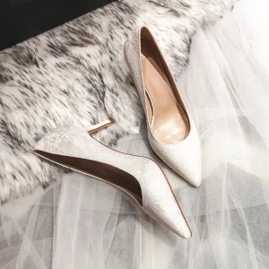 Chic Beautiful Ivory Wedding Shoes 2020 Tulle Lace 7 Cm Stiletto Heels Pointed Toe Wedding Pumps