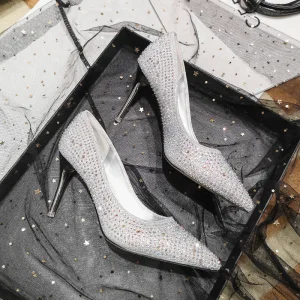 Uroczy Srebrny Kryształ Buty Ślubne 2020 Rhinestone 7 Cm Szpilki Szpiczaste Ślub Czółenka