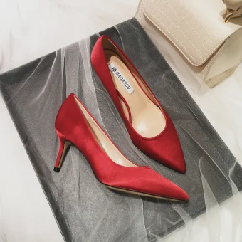 Simple Rouge Demoiselle D Honneur Escarpins 2020 Satin 7 Cm Talons Aiguilles À Bout Pointu Escarpins
