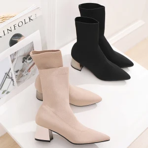 Classy Black Casual Braid Womens Boots 2020 5 Cm Thick Heels Pointed Toe Boots