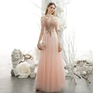 Stilig Rodnande Rosa Fjäder Spets Blomma Balklänningar 2021 Prinsessa V Hals Beading Rhinestone Paljetter Korta Ärm Långa Formella Klänningar