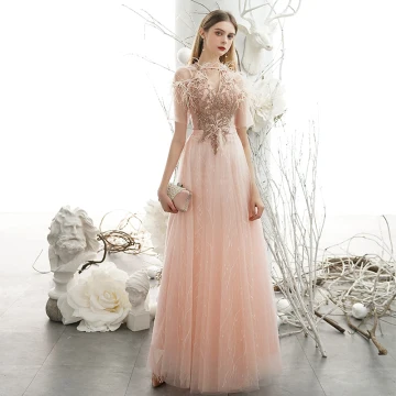 Classy Blushing Pink Feather Lace Flower Prom Dresses 2021 A Line Princess V Neck Beading Rhinestone Sequins Short Sleeve Floor Length Long Formal Dresses