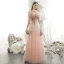 Classy Blushing Pink Feather Lace Flower Prom Dresses 2021 A-Line / Princess V-Neck Beading Rhinestone Sequins Short Sleeve Floor-Length / Long Formal Dresses