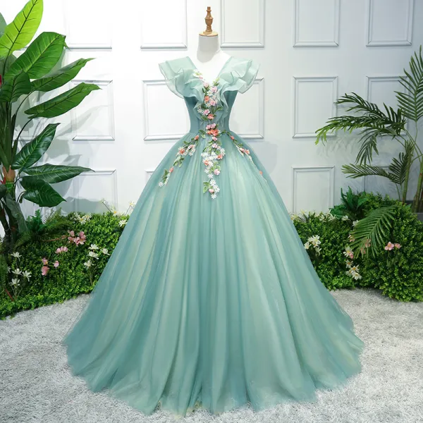 Flower Fairy Green Prom Dresses 2018 Ball Gown Appliques V-Neck Backless Sleeveless Floor-Length / Long Formal Dresses
