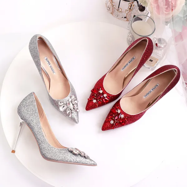 Sparkly Silver Wedding Shoes 2020 Rhinestone Sequins 10 cm Stiletto ...