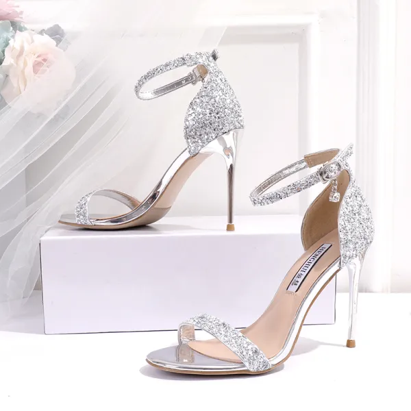 Sparkly Silver Evening Party Womens Sandals 2020 Sequins Ankle Strap 10 cm Stiletto Heels Open / Peep Toe High Heels