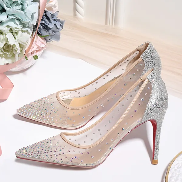 Charming Nude Rhinestone Wedding Shoes 2020 Sequins 10 cm Stiletto Heels Pointed Toe Wedding Pumps