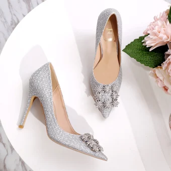 Charmant Argenté Faux Diamant Chaussure De Mariée 2020 Paillettes 10 Cm Talons Aiguilles À Bout Pointu Mariage Escarpins