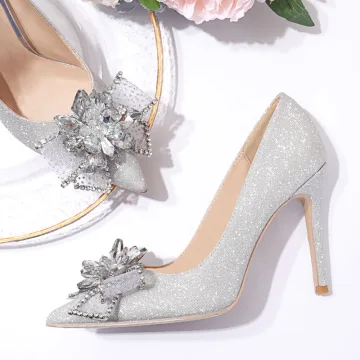 Charmant Zilveren Glans Rhinestone Strik Bruidsschoenen 2020 Pailletten 10 Cm Naaldhakken Stiletto Spitse Neus Huwelijk Pumps