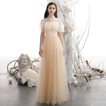 Chic Belle Champagne Brodé Robe De Bal 2021 Princesse Col Haut Manches Courtes Dos Nu Longue Robe De Ceremonie