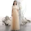Chic / Belle Champagne Brodé Robe De Bal 2021 Princesse Col Haut Manches Courtes Dos Nu Longue Robe De Ceremonie