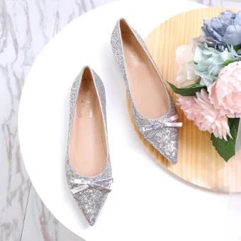 Sparkly Silver Glitter Wedding Shoes 2020 Sequins Bow Pointed Toe Flat