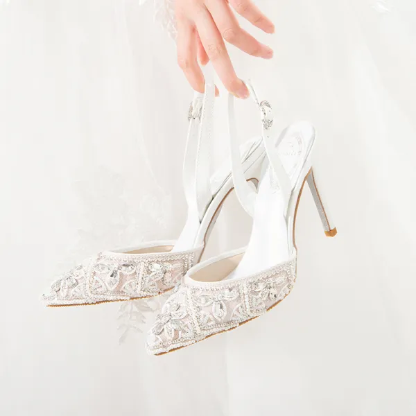Fashion Ivory Wedding Wedding Shoes 2020 Ankle Strap Rhinestone 10 cm Stiletto Heels Pointed Toe Sandals