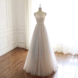 Lyx Aprikos Beige Aftonklänningar 2020 Prinsessa Spaghettiband Beading Spets Blomma Paljetter Ärmlös Halterneck Rosett Långa Formella Klänningar