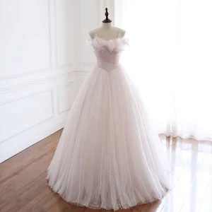 High End Rosa Perle Brautkleider Hochzeitskleider 2020 A Linie Eckiger Ausschnitt Ärmellos Rückenfreies Lange