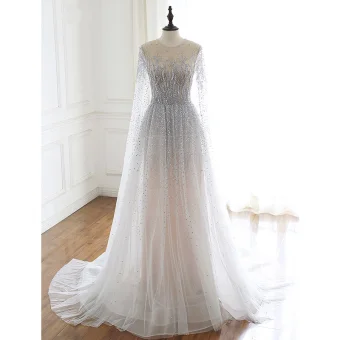 Luxury Gorgeous Grey Handmade Beading Wedding Dresses 2020 A Line Princess Scoop Neck Rhinestone Sequins Long Sleeve Court Train