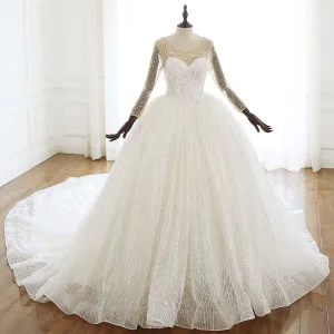 Luxury Gorgeous Ivory Wedding Dresses 2020 Ball Gown Scoop Neck Beading Lace Rhinestone Sequins Long Sleeve Backless Cathedral Train