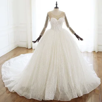 Luxury Gorgeous Ivory Wedding Dresses 2020 Ball Gown Scoop Neck Beading Lace Rhinestone Sequins Long Sleeve Backless Cathedral Train