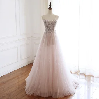 Luxe Perle Rose Fait Main Perlage Robe De Soirée 2020 Princesse Bretelles Spaghetti Faux Diamant Sans Manches Dos Nu Train De Balayage Robe De Ceremonie