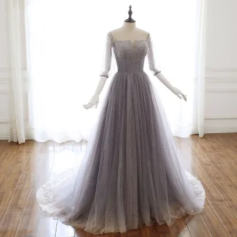 Luxury Gorgeous Grey Purple Glitter Evening Dresses 2020 A Line Princess Off The Shoulder Beading Rhinestone Sequins 3 4 Sleeve Backless Sweep Train Formal Dresses