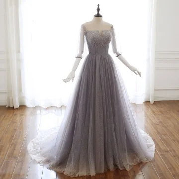Luxus Herrlich Grau Violett Glanz Abendkleider 2020 A Linie Off Shoulder Perlenstickerei Strass Pailletten 3 4 Ärmel Rückenfreies Sweep Pinsel Zug Festliche Kleider