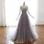 Luxus / Herrlich Grau Violett Glanz Abendkleider 2020 A Linie Off Shoulder Perlenstickerei Strass Pailletten 3/4 Ärmel Rückenfreies Sweep / Pinsel Zug Festliche Kleider