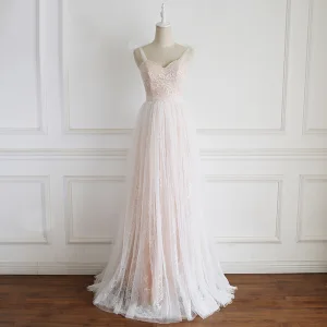 Charming Champagne Wedding Dresses 2020 A Line Princess Spaghetti Straps Lace Flower Sleeveless Backless Floor Length Long