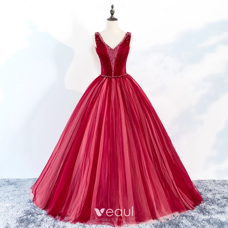Chic Beautiful Red Prom Dresses 2018 Ball Gown Beading V Neck Backless Sleeveless Floor Length Long Formal Dresses