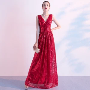 Scintillantes Rouge Robe De Soirée 2020 Princesse V Cou Paillettes Sans Manches Dos Nu Longue Robe De Ceremonie