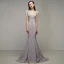 Élégant Argenté Gris Robe De Soirée 2020 Trompette / Sirène V-Cou Perlage Gland Sans Manches Dos Nu Train De Balayage Robe De Ceremonie