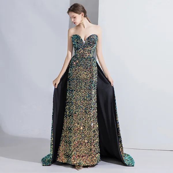 High-end Multi-Colors Evening Dresses  2020 Trumpet / Mermaid Strapless Beading Sequins Sleeveless Backless Sweep Train Formal Dresses