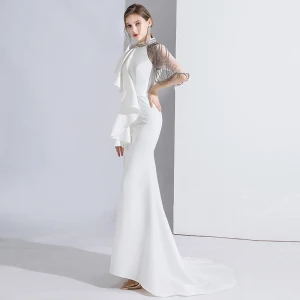Mode Blanche Robe De Soirée 2020 Trompette Sirène Encolure Dégagée Perlage Manches Courtes Train De Balayage Robe De Ceremonie