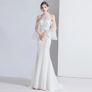 Mode Blanche Robe De Soirée 2020 Trompette Sirène Perlage Faux Diamant Paillettes En Dentelle Fleur Col Haut Manches De Cloche Train De Balayage Robe De Ceremonie