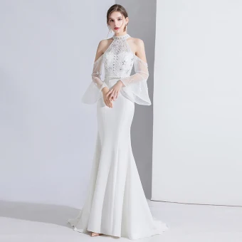 Mode Blanche Robe De Soirée 2020 Trompette Sirène Perlage Faux Diamant Paillettes En Dentelle Fleur Col Haut Manches De Cloche Train De Balayage Robe De Ceremonie