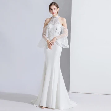 Fashion White Evening Dresses 2020 Trumpet Mermaid Beading Rhinestone Sequins Lace Flower High Neck Bell Sleeves Sweep Train Formal Dresses
