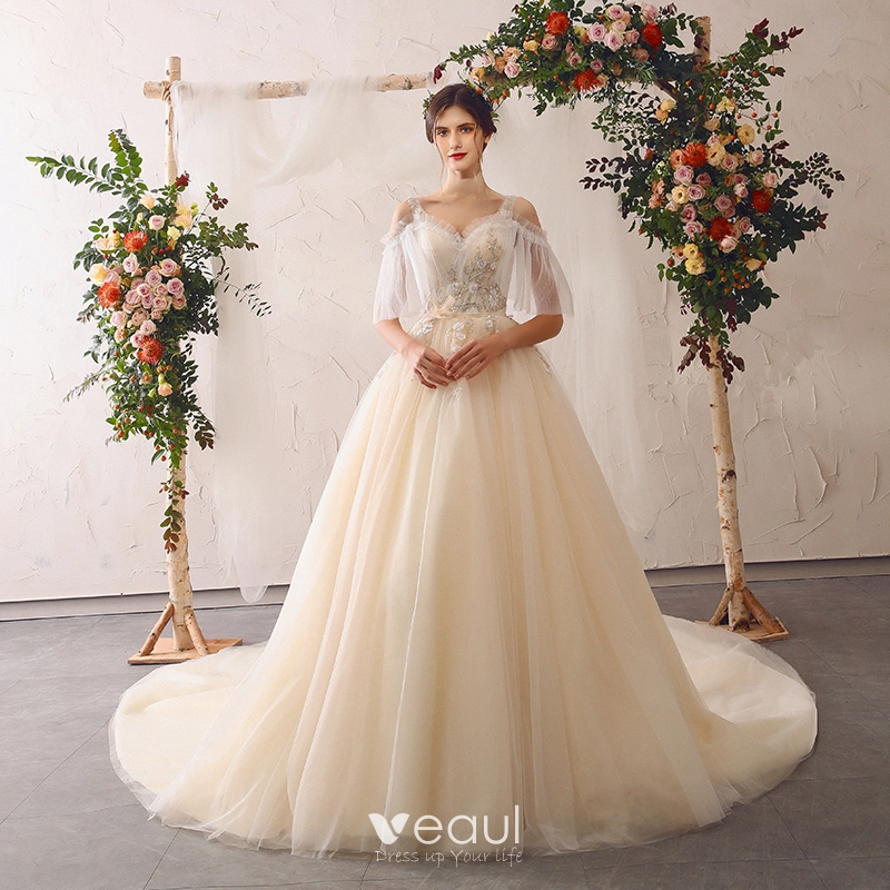 Flower Appliques Princess V Neck A Line Wedding Dress