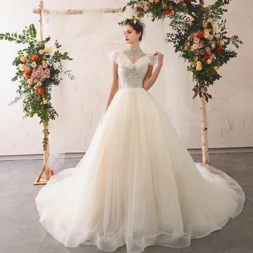Elegant Ivory Wedding Dresses 2020 A Line Princess High Neck Beading Tassel Sequins Appliques Sleeveless Backless Cathedral Train