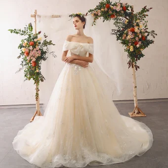 Elegant Champagne Wedding Dresses 2020 A Line Princess Off The Shoulder Bow Lace Flower Appliques Short Sleeve Backless Cathedral Train