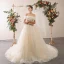 Élégant Champagne Robe De Mariée 2020 Princesse De l'épaule Noeud En Dentelle Fleur Appliques Manches Courtes Dos Nu Cathedral Train